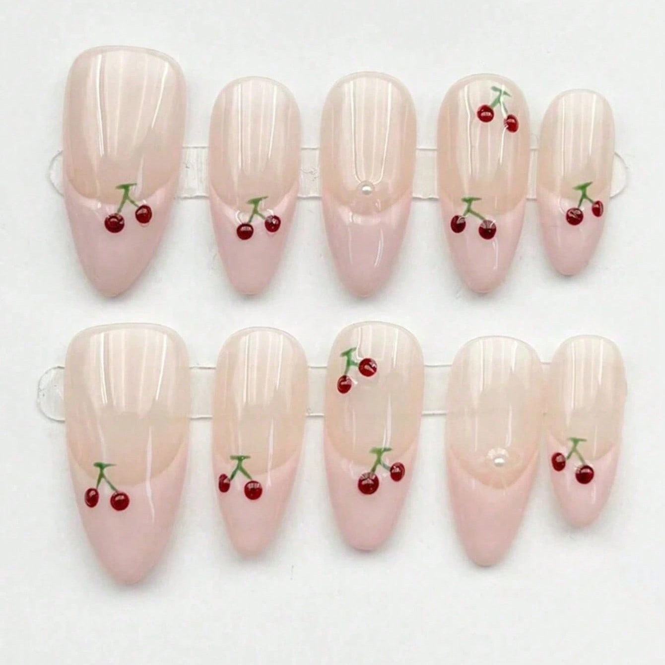 Nail Art Pink - เล็บปลอมเพ้นท์ลายเชอร์รี่สีชมพูนู้ดทรงอัลมอนด์ขนาดกลาง 10 ชิ้น ของขวัญสำหรับผู้หญิง ทำเล็บ DIY