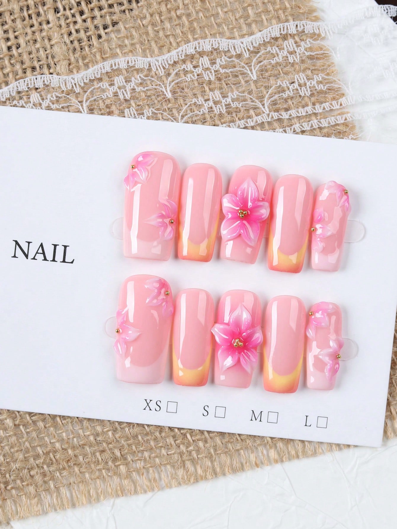 Nail Art Orange - เล็บปลอมแบบกดติดทรงสี่เหลี่ยมผืนผ้าสีชมพูนู้ดและสีส้มไล่เฉดสไตล์ฝรั่งเศส 10 ชิ้น ความยาวปานกลาง ทำมือสไตล์สาวหวานบริสุทธิ์ พร้อมลายดอกไม้สีชมพูไล่เฉดแบบสามมิติ