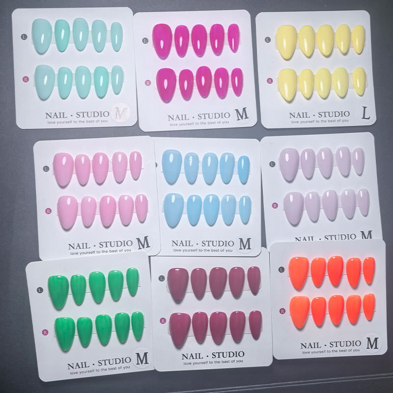 Nail Art Orange - เล็บปลอมอะคริลิคแบบกดติด 10 ชิ้น ลายอัลมอนด์ สีสันสดใสสำหรับฤดูร้อน สีส้ม