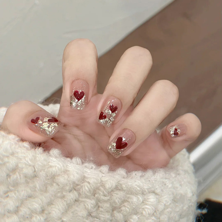 Nail Art Press On - ชุดเล็บปลอมสั้นทรงเหลี่ยม 24 ชิ้น/ชุด สำหรับผู้หญิง สาวๆ น่ารัก