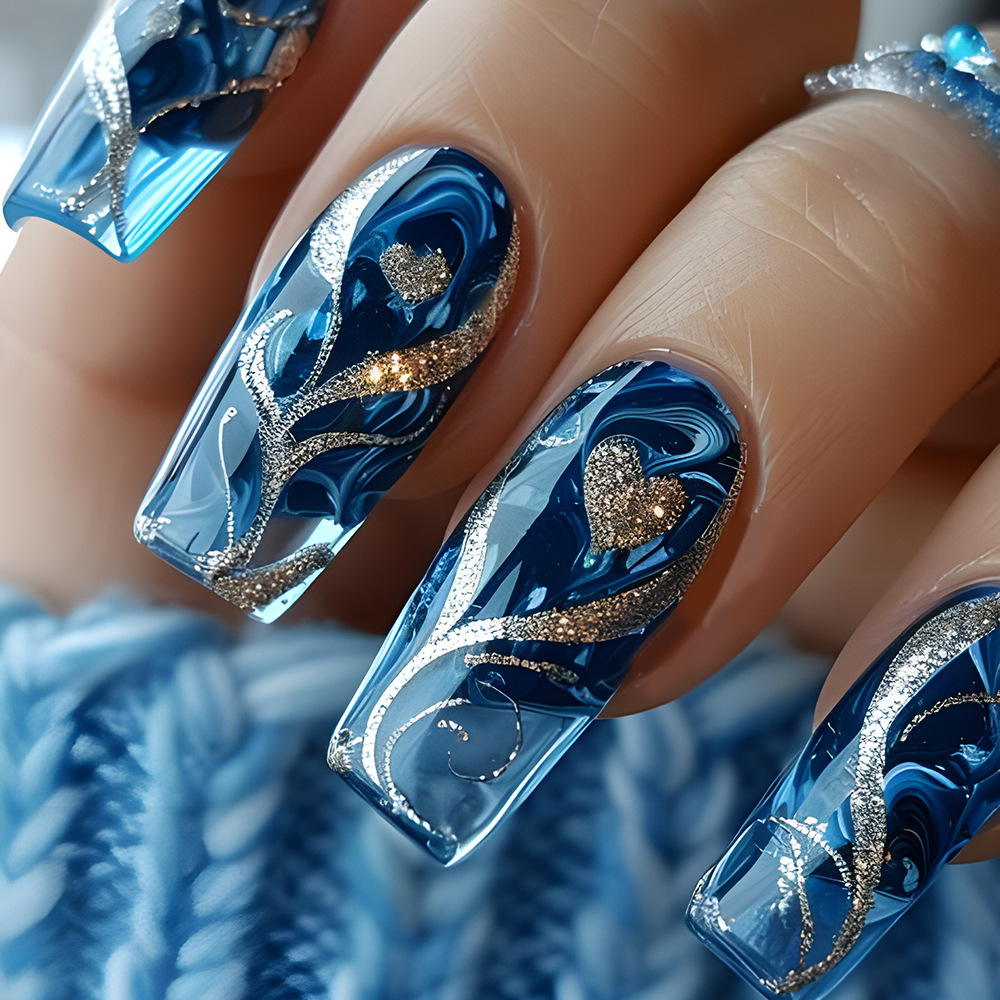 เล็บปลอมแบบกดติด 24 ชิ้น สีฟ้า - Nail Art Press On บทวิจารณ์และราคา