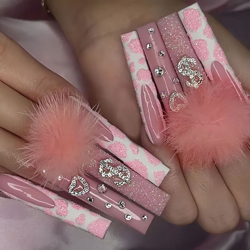 24 ชิ้นยาวพิเศษสแควร์กดบนเล็บ  - Nail Art Pink บทวิจารณ์และราคา